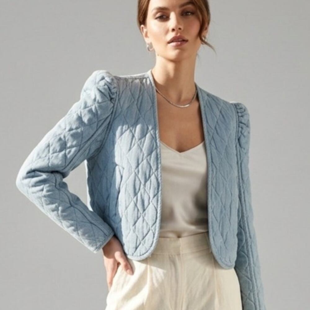 BLANK NYC Cropped Quilted Cotton Blue Jacket Light Wash Puff Sleeve Bolero XS